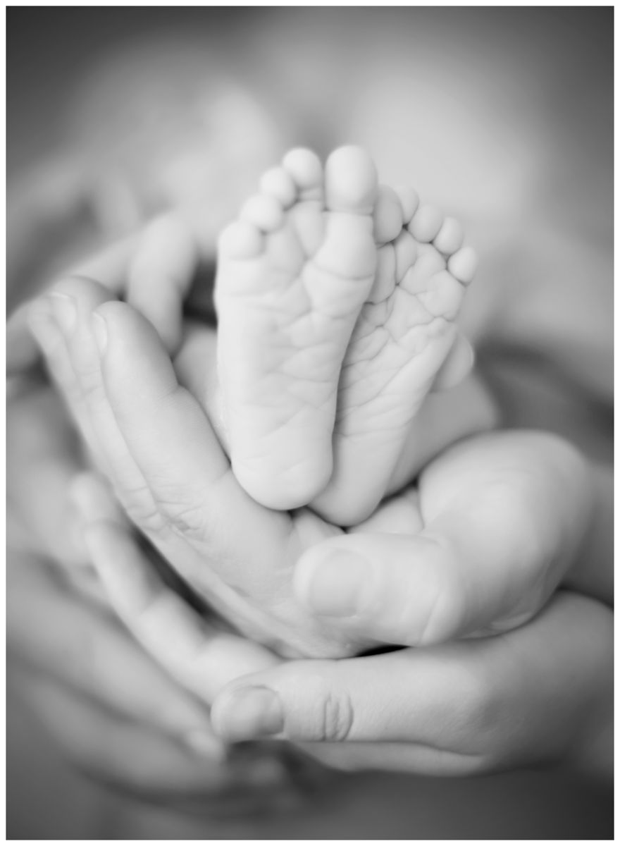 Černobílá fotka detailu nožiček novorozeného miminka a rukou rodičů | © Fotoprome.cz
